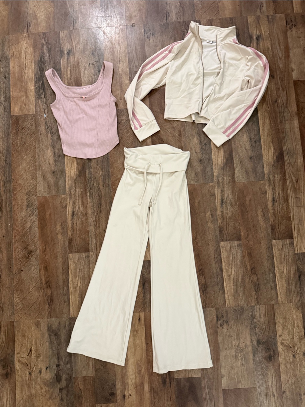 Girls active Cream Drawstring Wide-Leg Sweatpants with Pink Accent Tank & Jacket - Picture 1 of 8